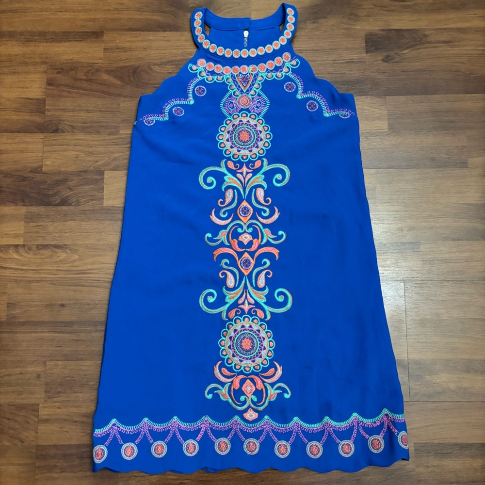 Gianni Bini GB Girls Blue A-Line Dress Lined Embroidered Design Scalloped Size L